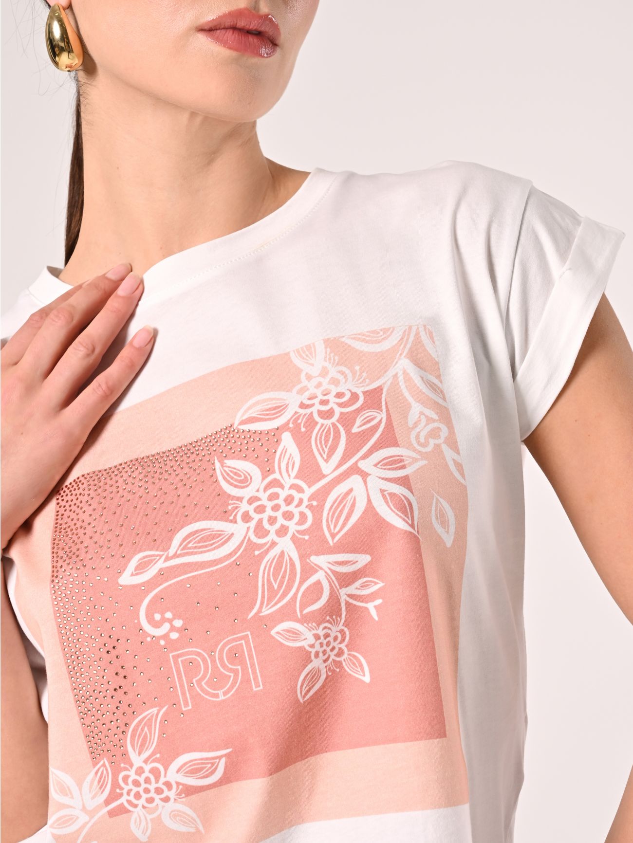 T-Shirt in Cotone con stampa Rosa & Strass Rinascimento