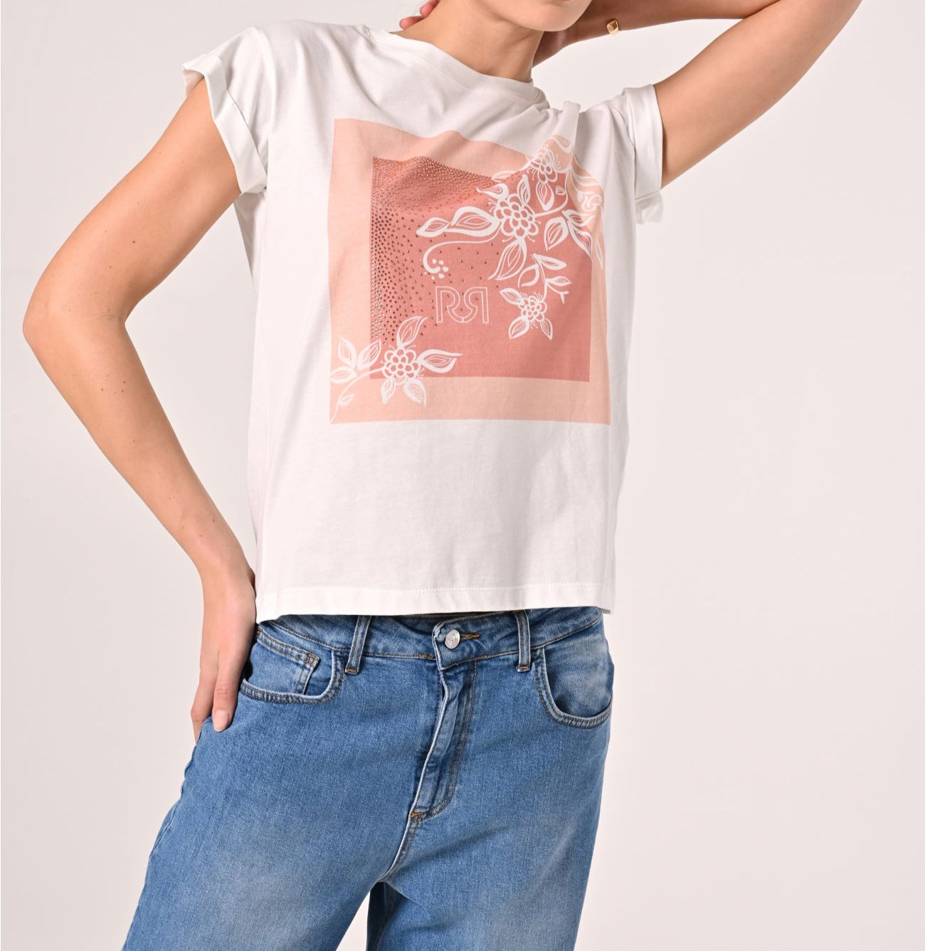 T-Shirt in Cotone con stampa Rosa & Strass Rinascimento